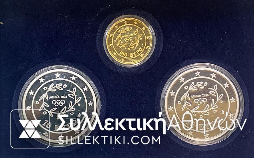 Χρυσό 100 Ευρώ και 2 Ασημένια 10 Ευρώ Νομίσματα 2004 Proof