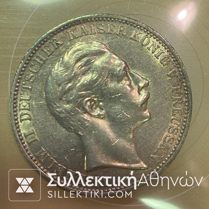 ΓΕΡΜΑΝΙΑ - ΠΡΩΣΙΑ 3 Μάρκα Ασημένιο Νόμισμα 1908-1912 AU