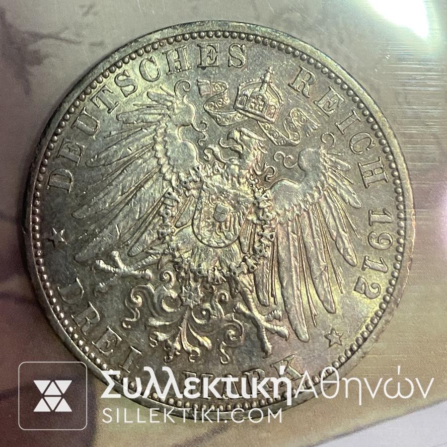ΓΕΡΜΑΝΙΑ - ΠΡΩΣΙΑ 3 Μάρκα Ασημένιο Νόμισμα 1908-1912 AU