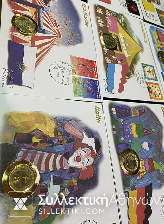 Συλλογή Με UNC Κέρματα Ευρώ 1999-2002 Από 15 Χώρες σε Φάκελους