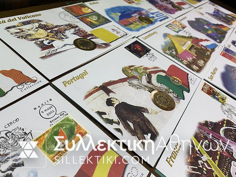 Συλλογή Με UNC Κέρματα Ευρώ 1999-2002 Από 15 Χώρες σε Φάκελους