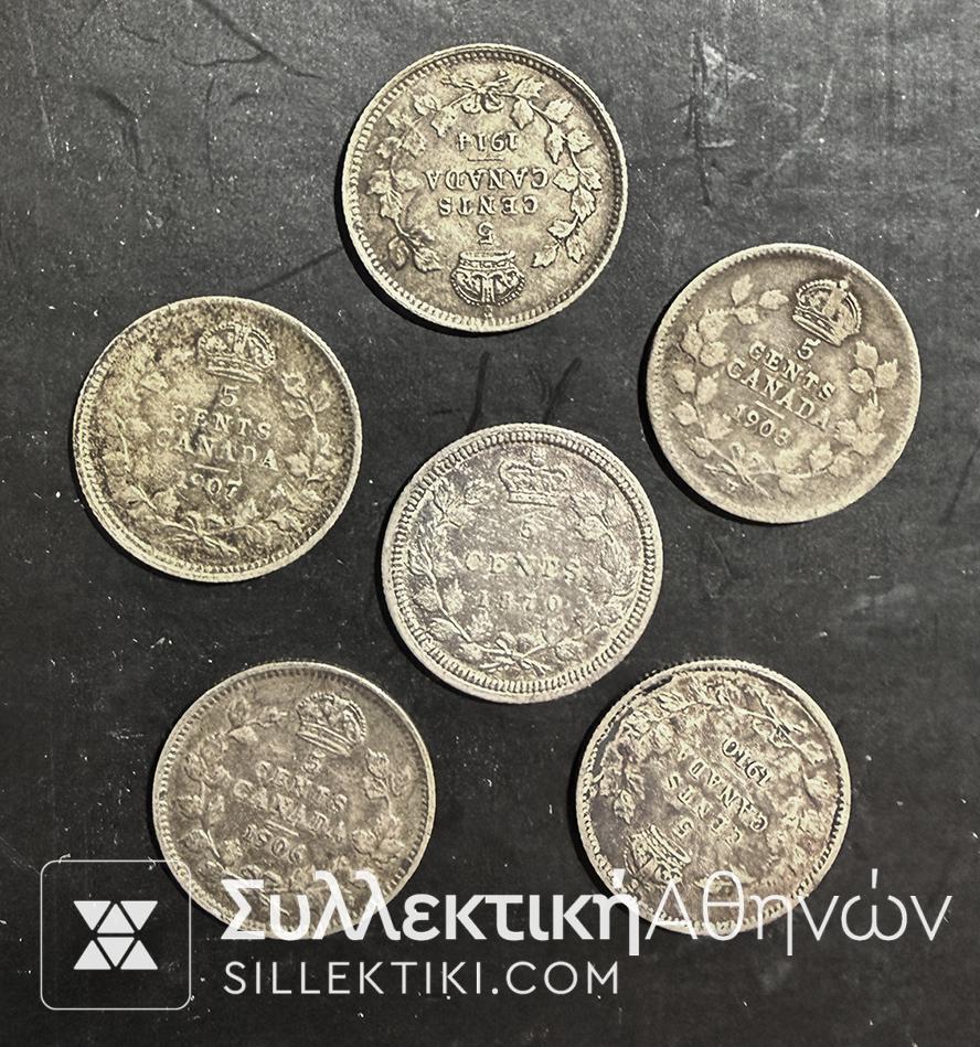 ΚΑΝΑΔΑΣ Λοτ 6 Διαφορετκά Ασημένια Νομίσματα 1870 -1914 5 Cents