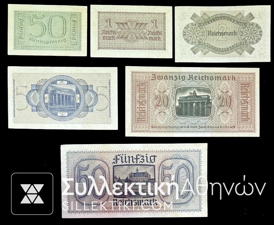 Πλήρες Σετ (6) Χαρτονομισμάτων 1939 Γερμανών Κατοχής UNC