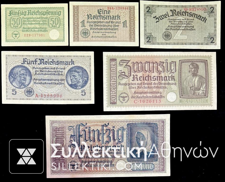 Complete Set of (6) 1939 German Occupation Banknotes UNC<br>